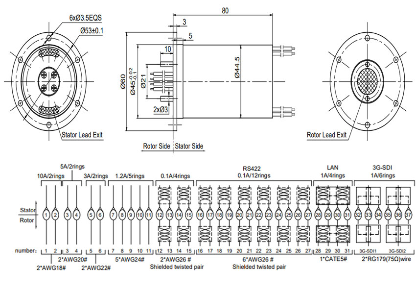 Flange Slip Ring DHS045-37 Drawing